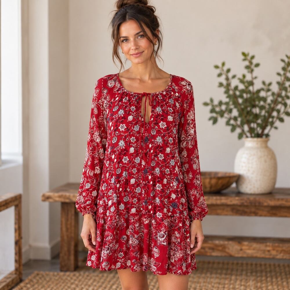Free People Red Floral  Mini Dress/ Tunic  Boho   x-Small